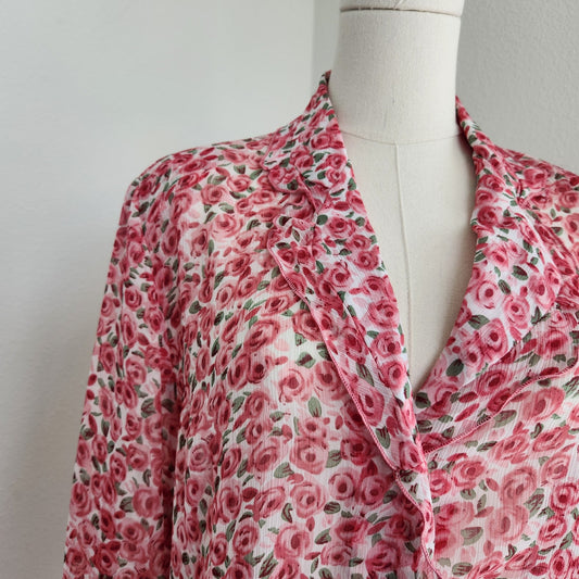 Vintage 80s Masaccio Rose Print Sheer Button Down Blouse Italian Vintage L
