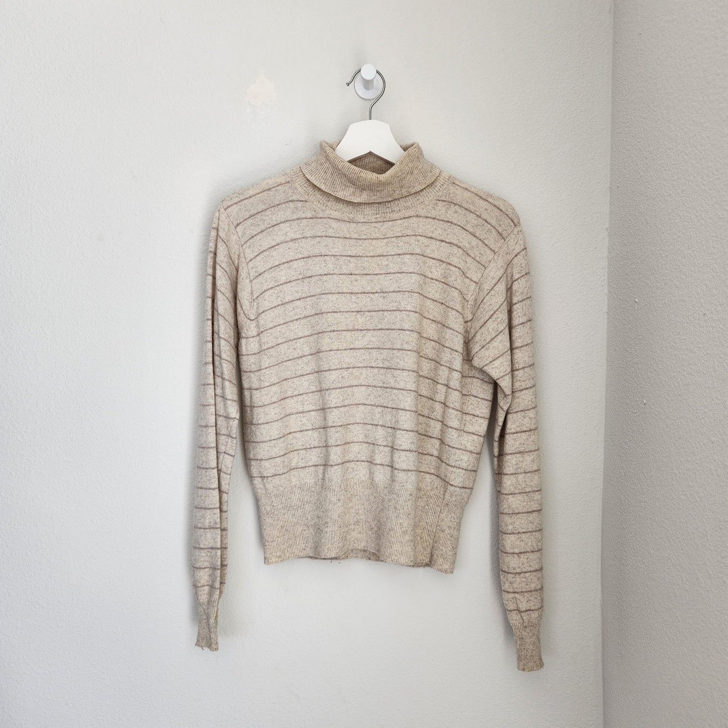 Vintage 90s Jean Pierre Cream Lilac Striped Knit Turtle Neck Sweater Minimal S