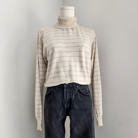 Vintage 90s Jean Pierre Cream Lilac Striped Knit Turtle Neck Sweater Minimal S