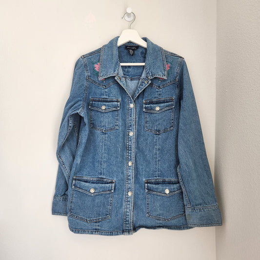 Vintage Y2K Denim & Co Embroidered Floral Barn Jacket Style Denim Jacket M