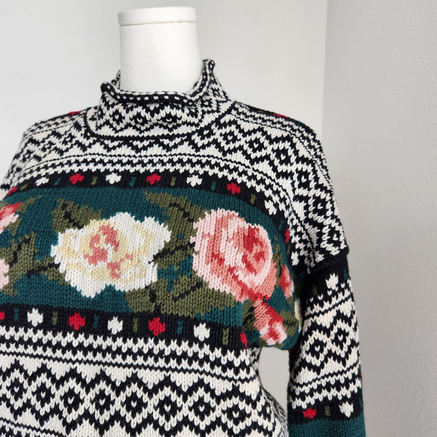 Vintage 90s Express Tricot Knit Sweater Floral Fair Isle Mock Neck M