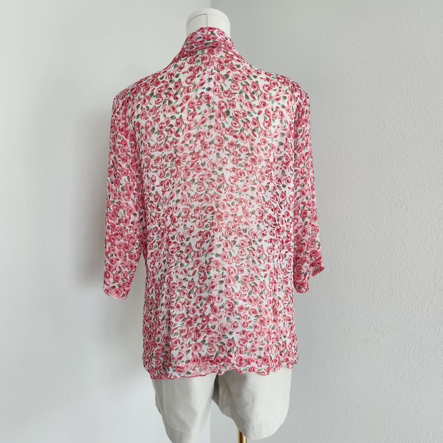 Vintage 80s Masaccio Rose Print Sheer Button Down Blouse Italian Vintage L