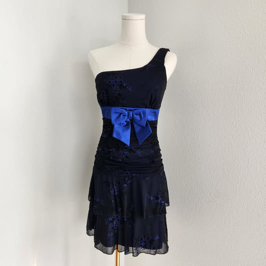 Y2K Deb One Shoulder Black Tiered Mini Dress Blue Floral Drop Waist Bow XS