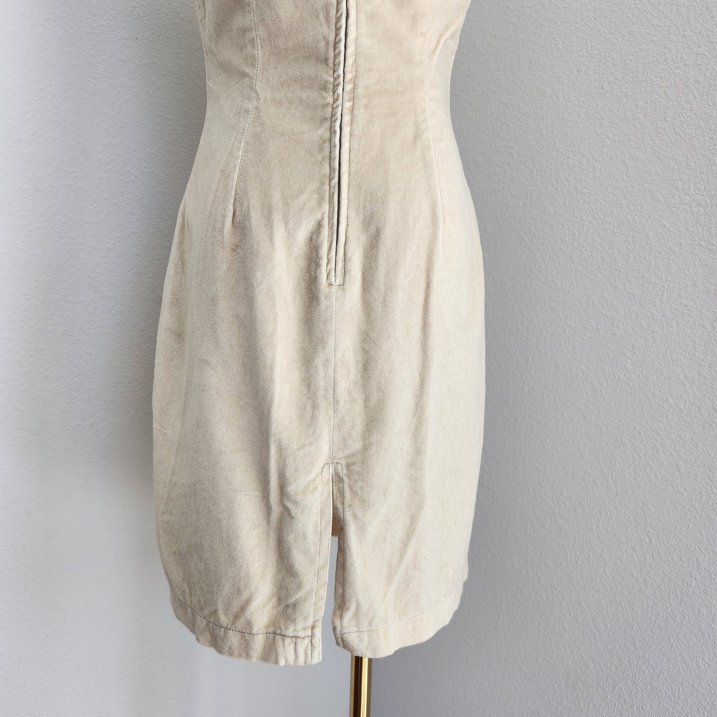 Vintage Moschino Jeans Yellow Gold Velvet Sleeveless Mini Dress Sheath Italy 4