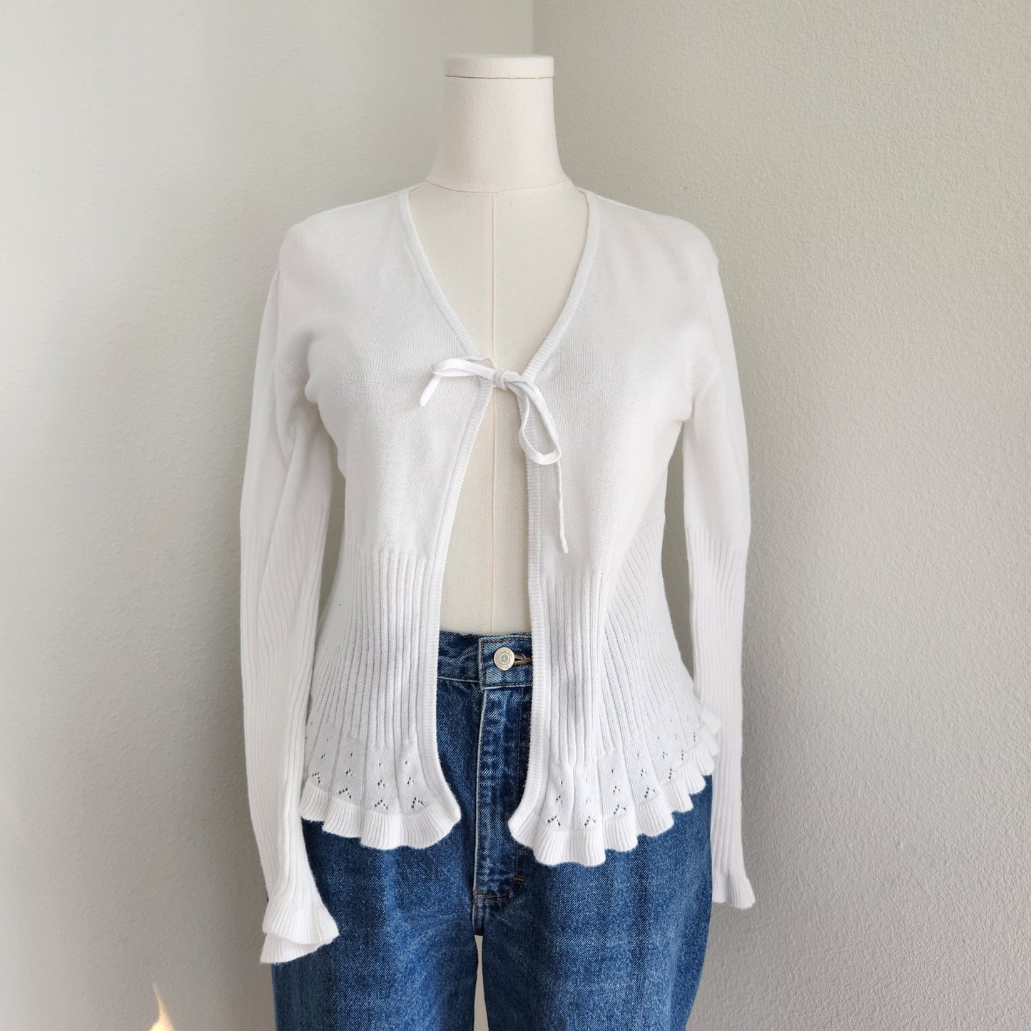 Vintage White Stag White Tie Front Knit Cardigan Long Sleeve Scallop Hem L