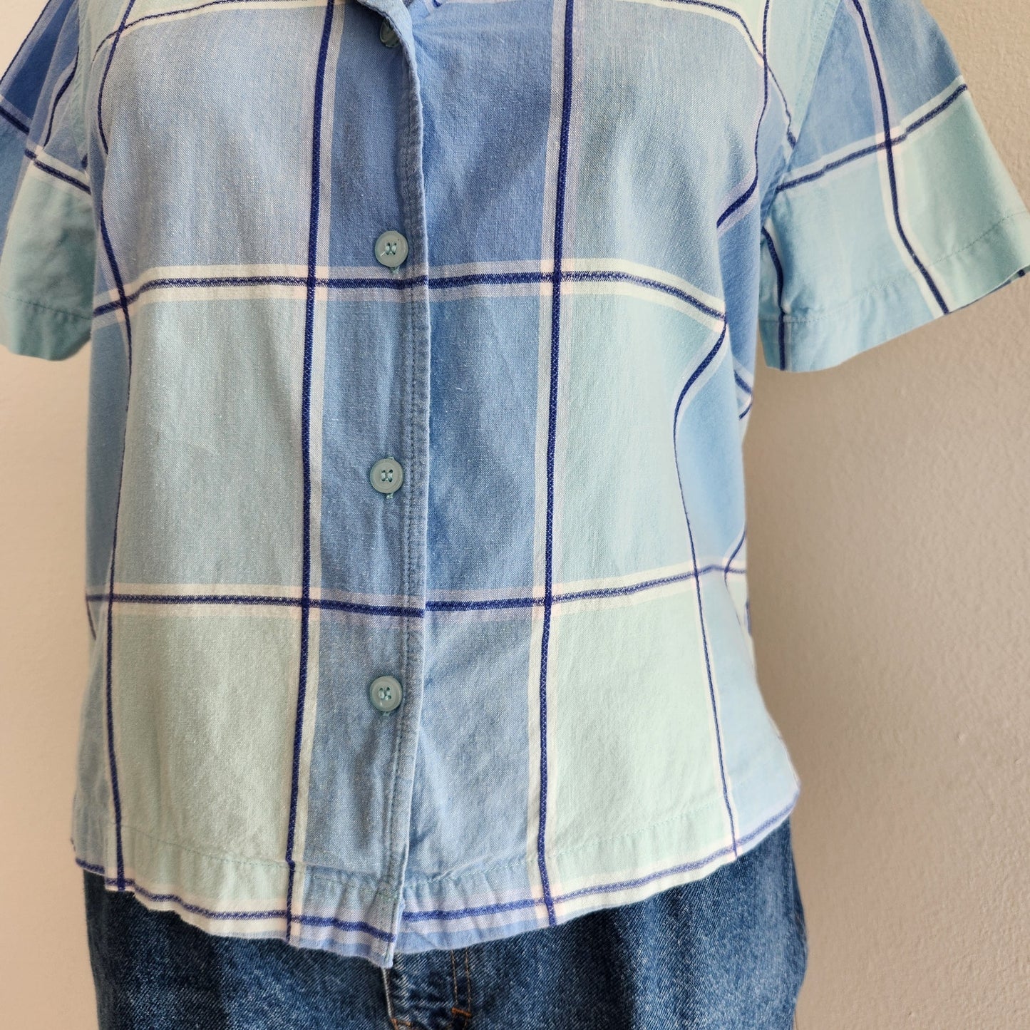 Vintage Y2K Cabin Creek Blue Plaid Button Down Shirt Cropped Short Sleeve PL