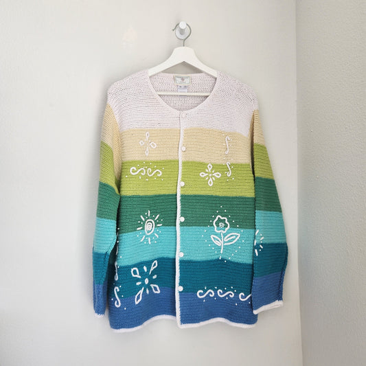 Vintage 90s Susan Bristol Colorblock Cardigan Floral Embroidery Plus 2X