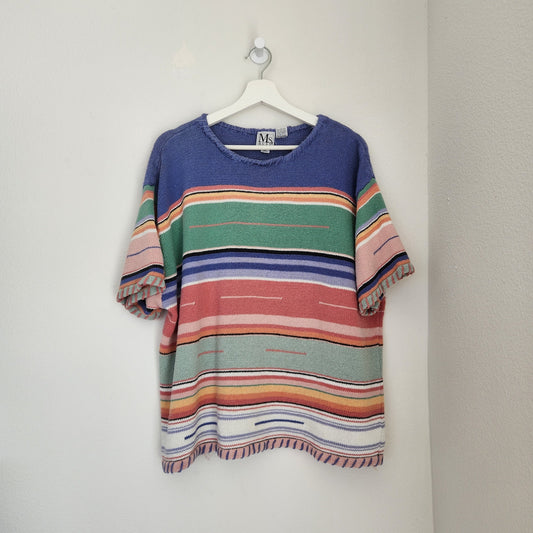 Vintage MS RUSS Colorblock Striped Knit Short Sleeve Sweater Top 2X 90s