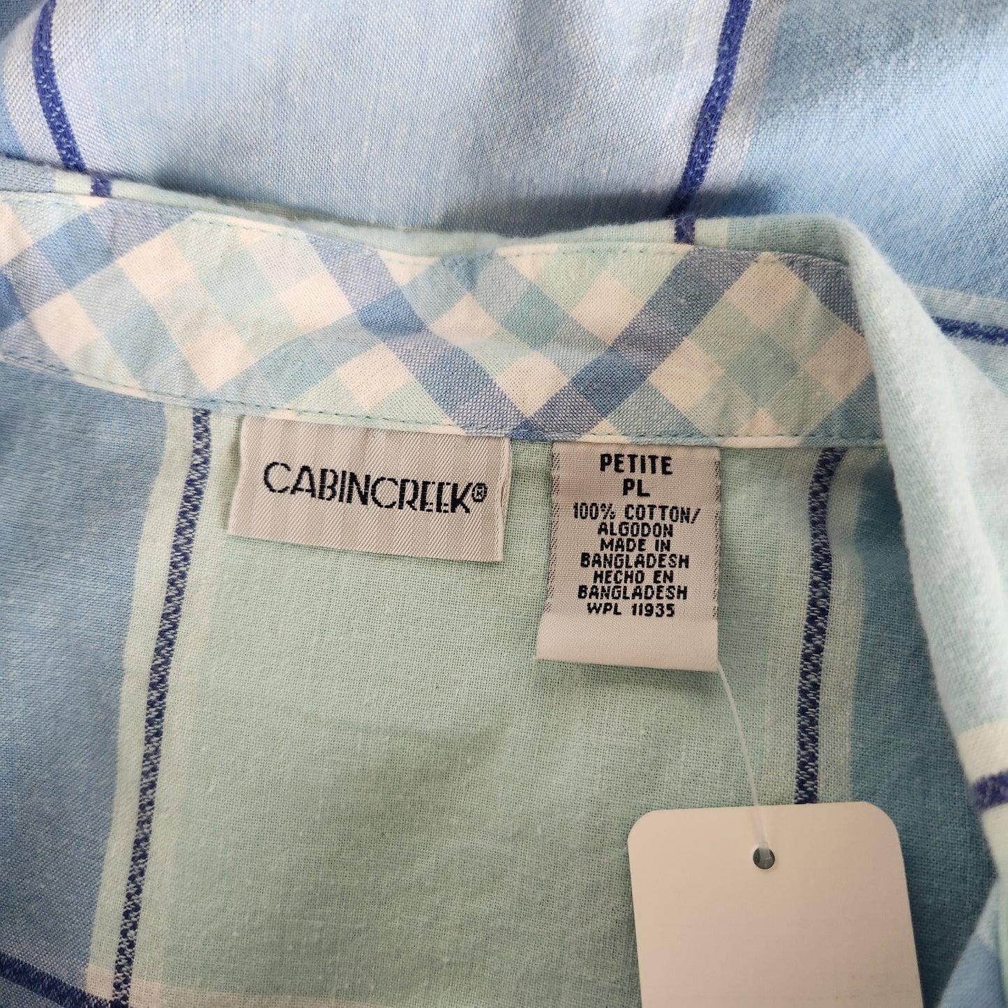 Vintage Y2K Cabin Creek Blue Plaid Button Down Shirt Cropped Short Sleeve PL