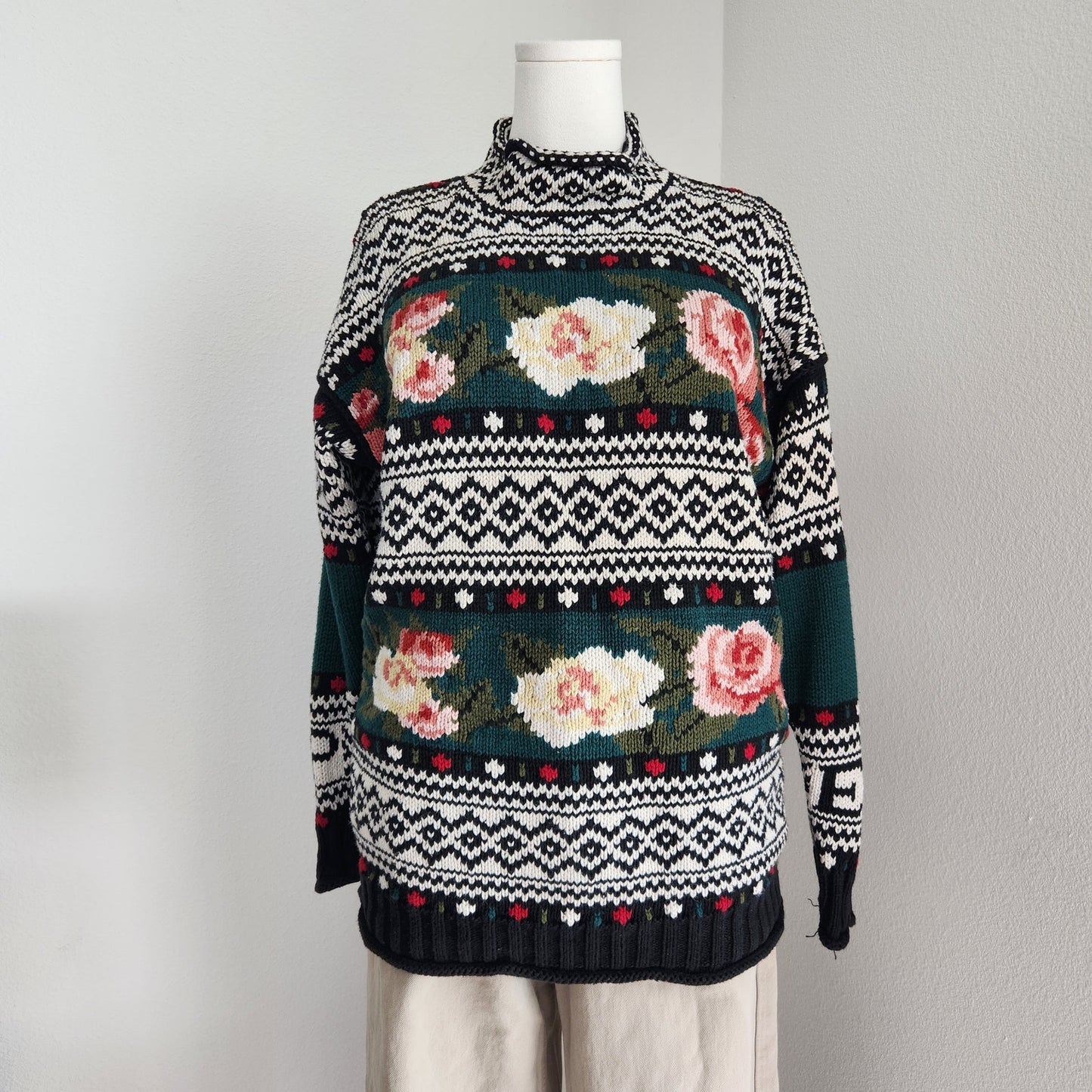 Vintage 90s Express Tricot Knit Sweater Floral Fair Isle Mock Neck M
