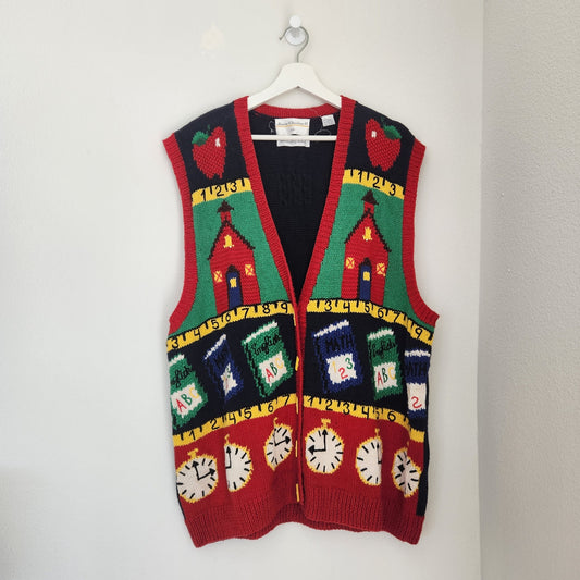 Vintage Knit Novelty Teacher Sweater Vest Blue Red Sleeveless School Themed 2X