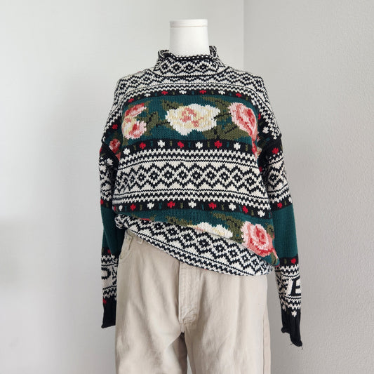Vintage 90s Express Tricot Knit Sweater Floral Fair Isle Mock Neck M