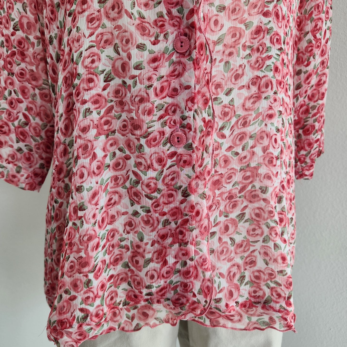 Vintage 80s Masaccio Rose Print Sheer Button Down Blouse Italian Vintage L