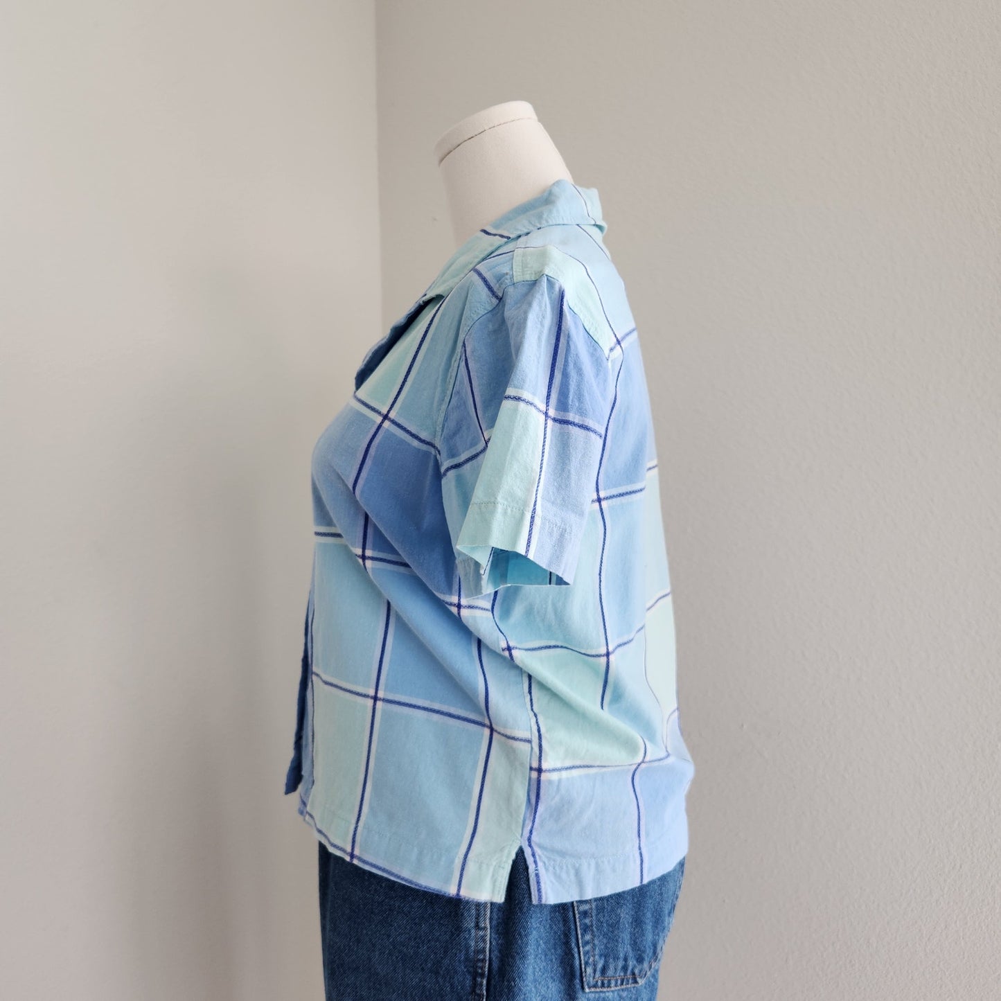 Vintage Y2K Cabin Creek Blue Plaid Button Down Shirt Cropped Short Sleeve PL