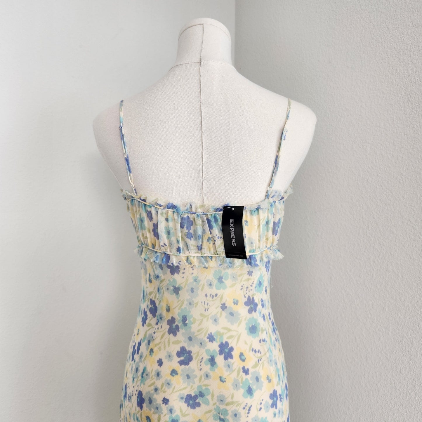 Vintage Express Pastel Blue Yellow Silk Midi Dress XS