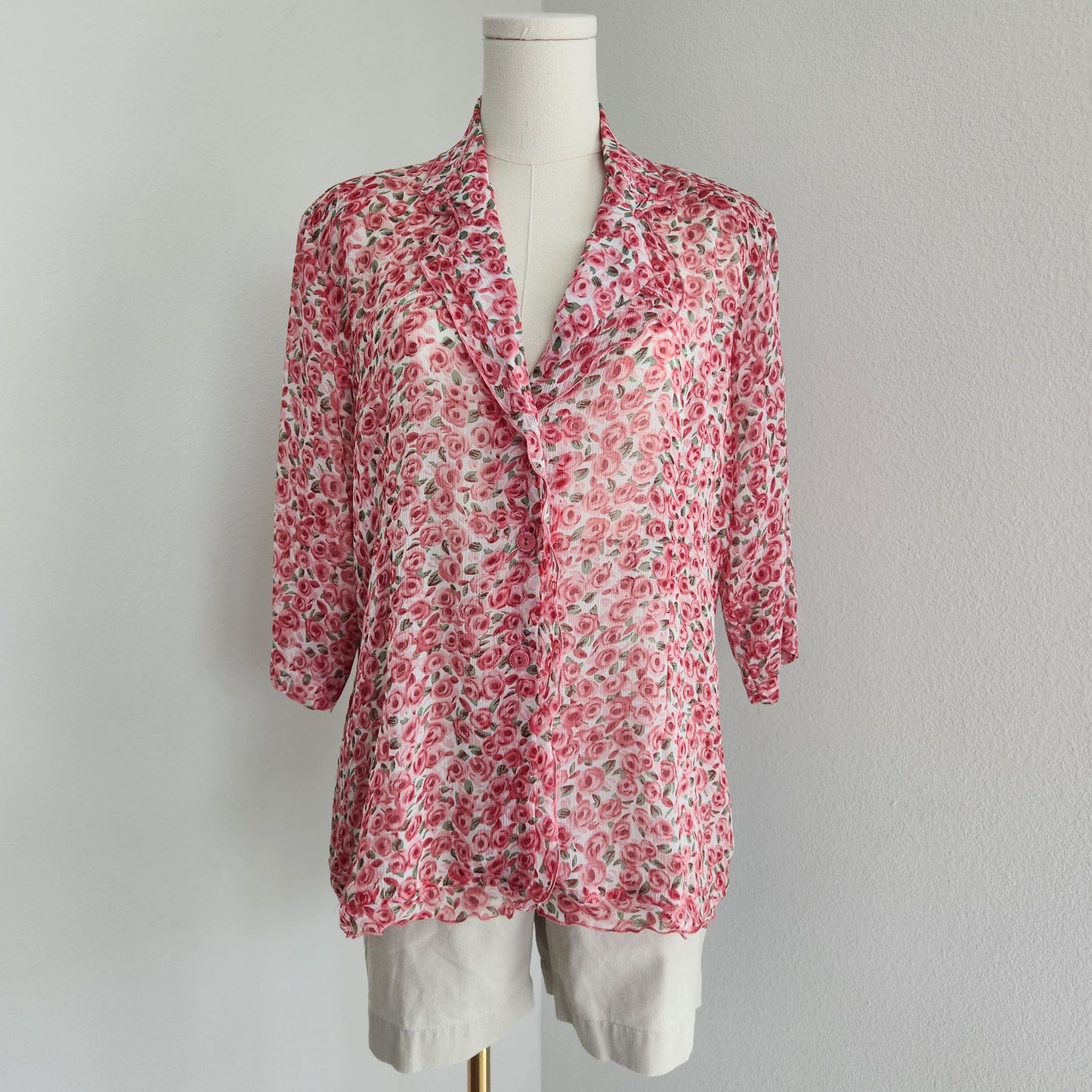 Vintage 80s Masaccio Rose Print Sheer Button Down Blouse Italian Vintage L