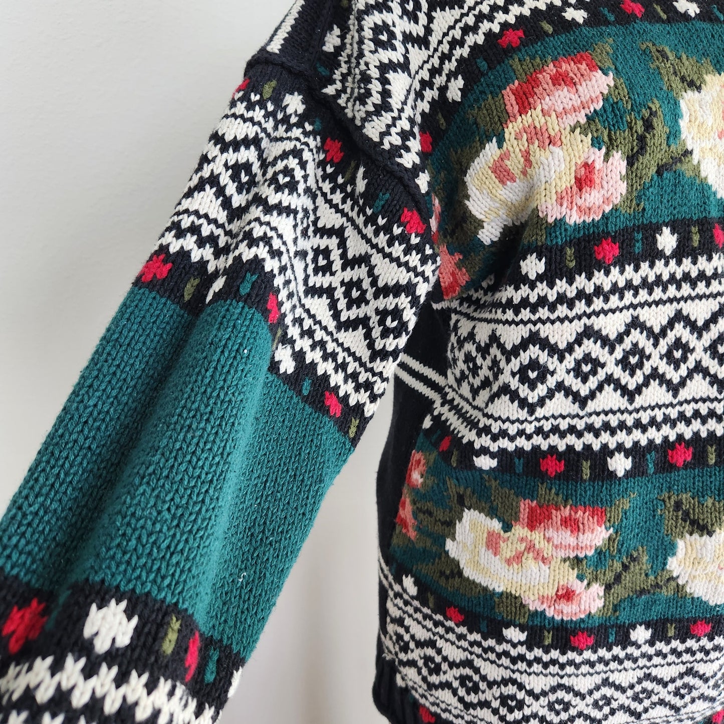 Vintage 90s Express Tricot Knit Sweater Floral Fair Isle Mock Neck M
