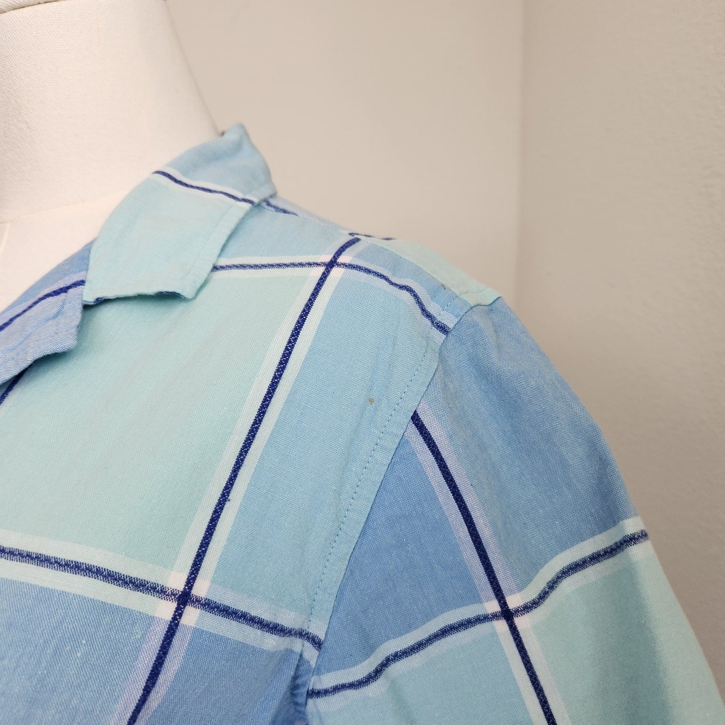 Vintage Y2K Cabin Creek Blue Plaid Button Down Shirt Cropped Short Sleeve PL