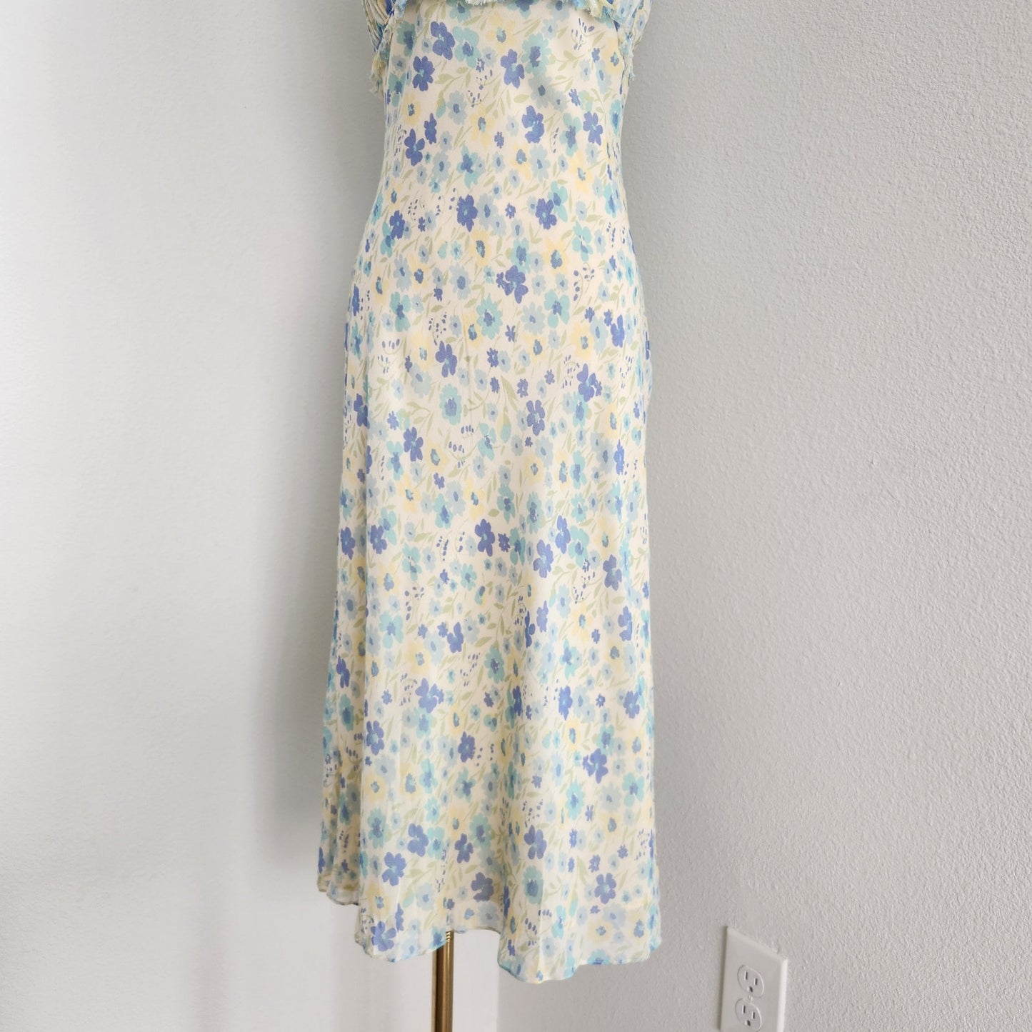 Vintage Express Pastel Blue Yellow Silk Midi Dress XS
