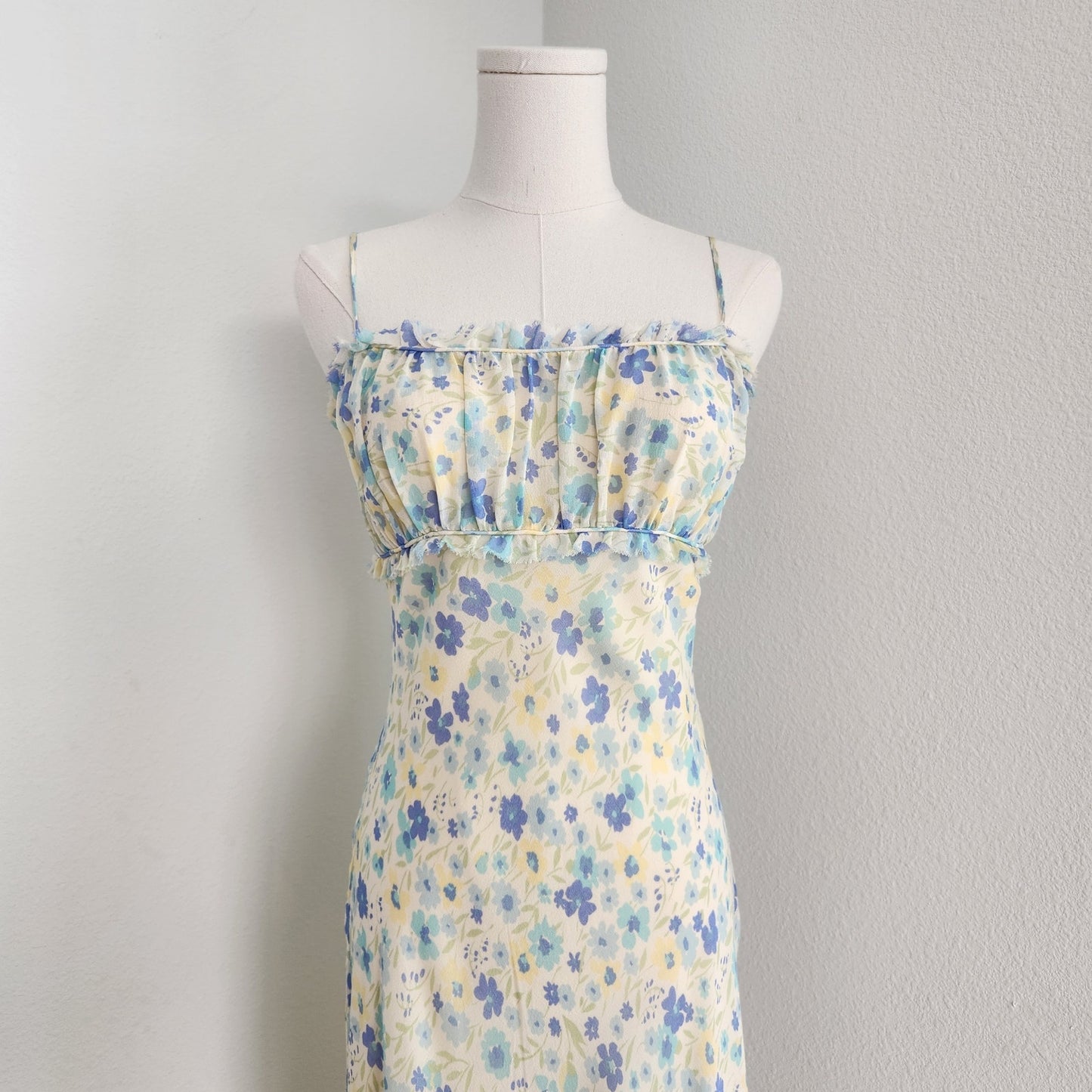 Vintage Express Pastel Blue Yellow Silk Midi Dress XS
