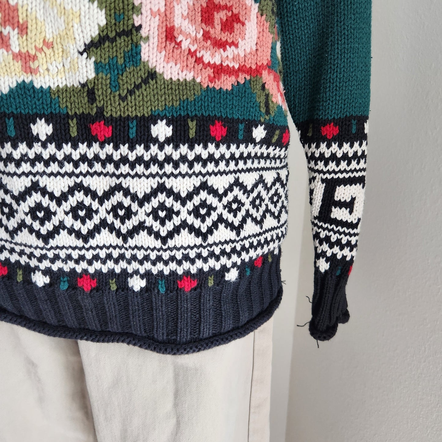 Vintage 90s Express Tricot Knit Sweater Floral Fair Isle Mock Neck M
