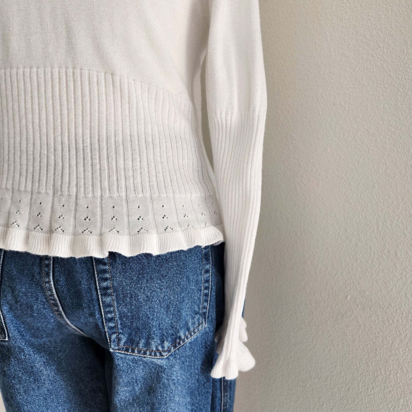 Vintage White Stag White Tie Front Knit Cardigan Long Sleeve Scallop Hem L