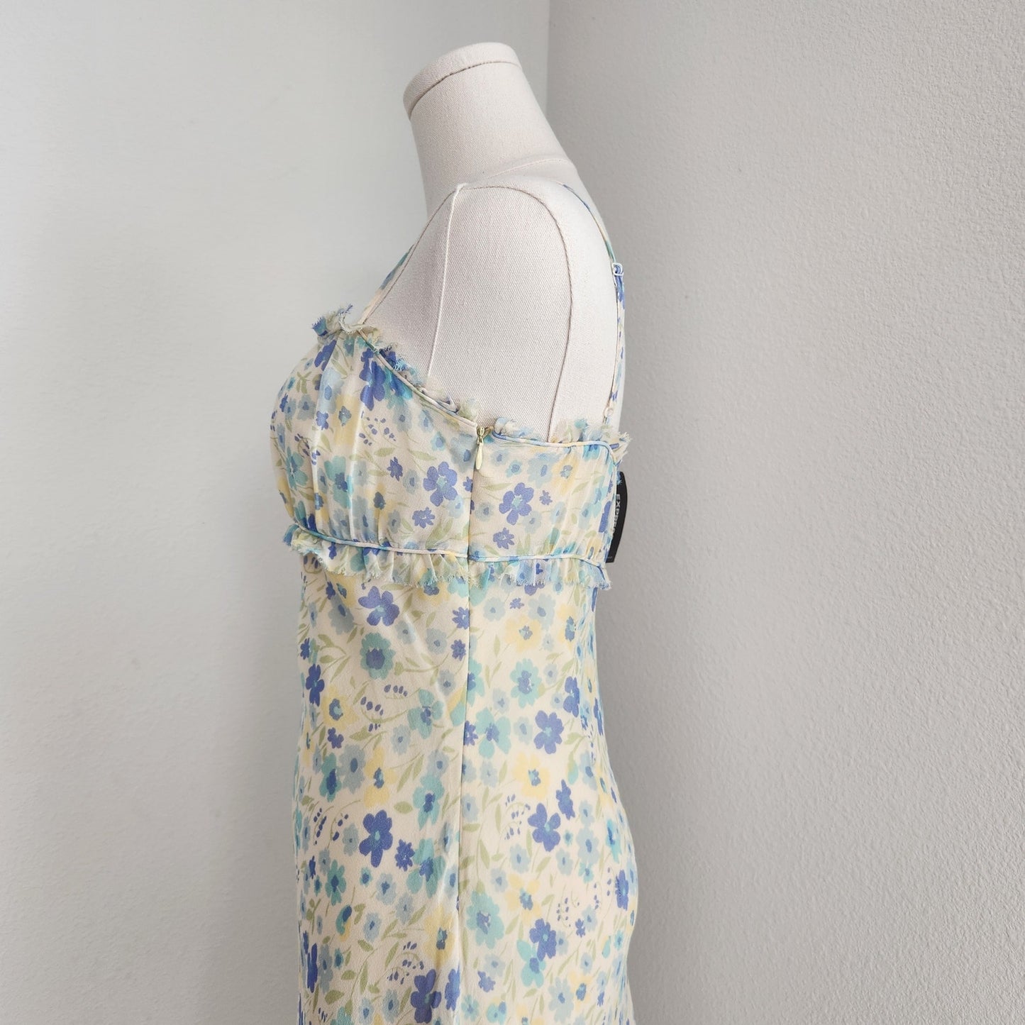 Vintage Express Pastel Blue Yellow Silk Midi Dress XS