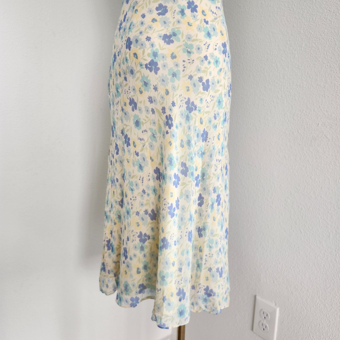 Vintage Express Pastel Blue Yellow Silk Midi Dress XS