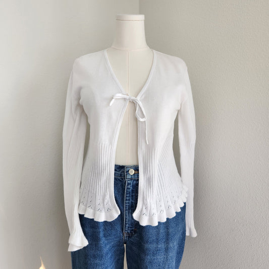Vintage White Stag White Tie Front Knit Cardigan Long Sleeve Scallop Hem L