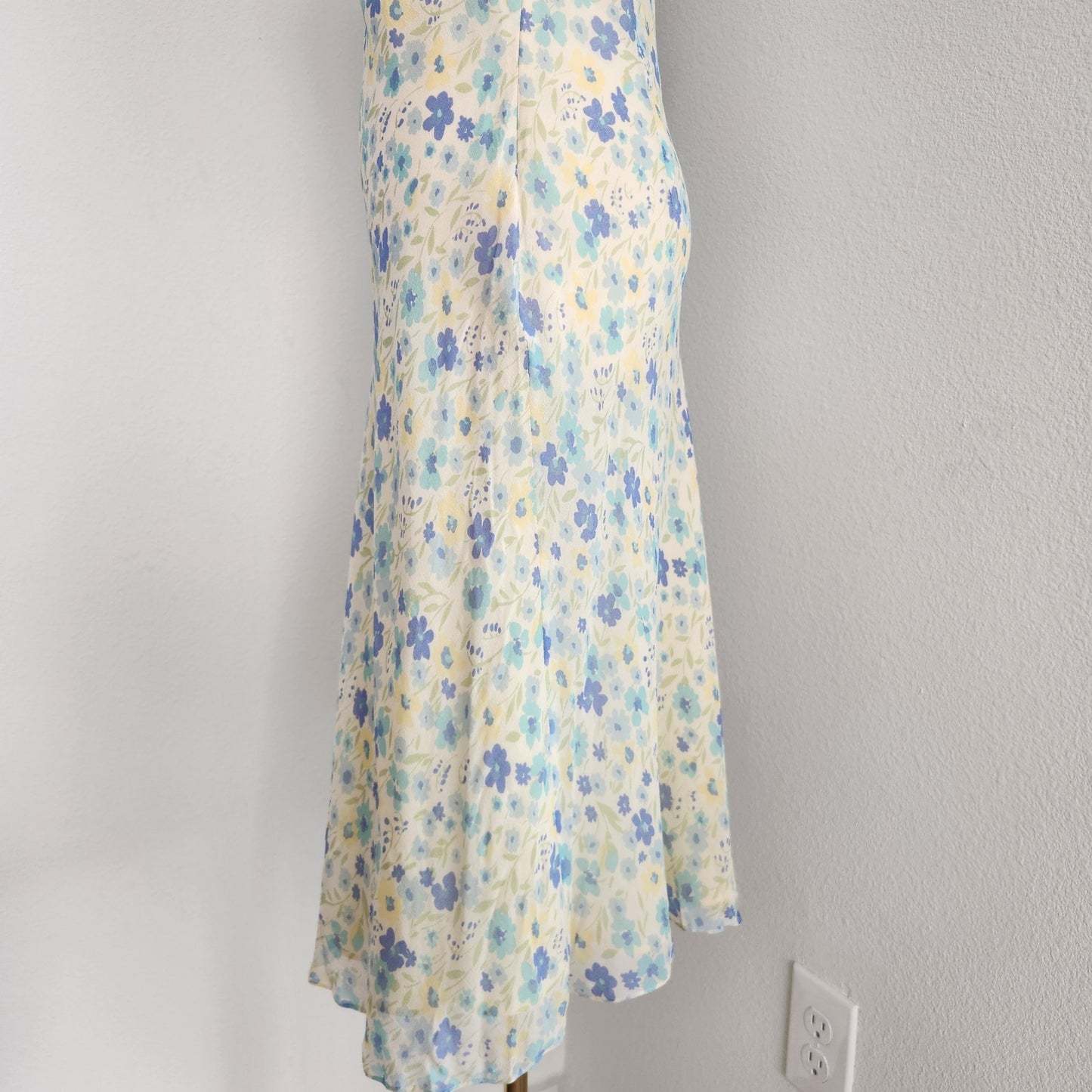 Vintage Express Pastel Blue Yellow Silk Midi Dress XS