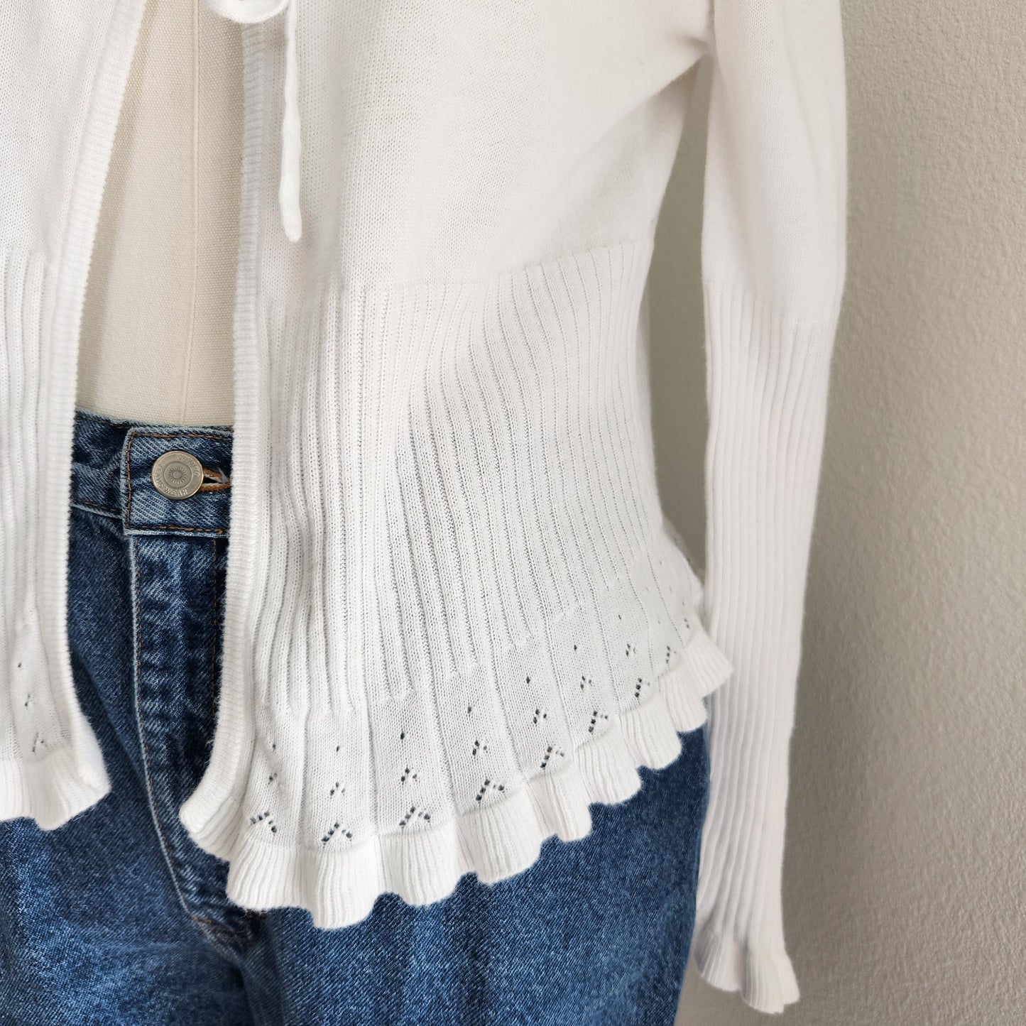 Vintage White Stag White Tie Front Knit Cardigan Long Sleeve Scallop Hem L