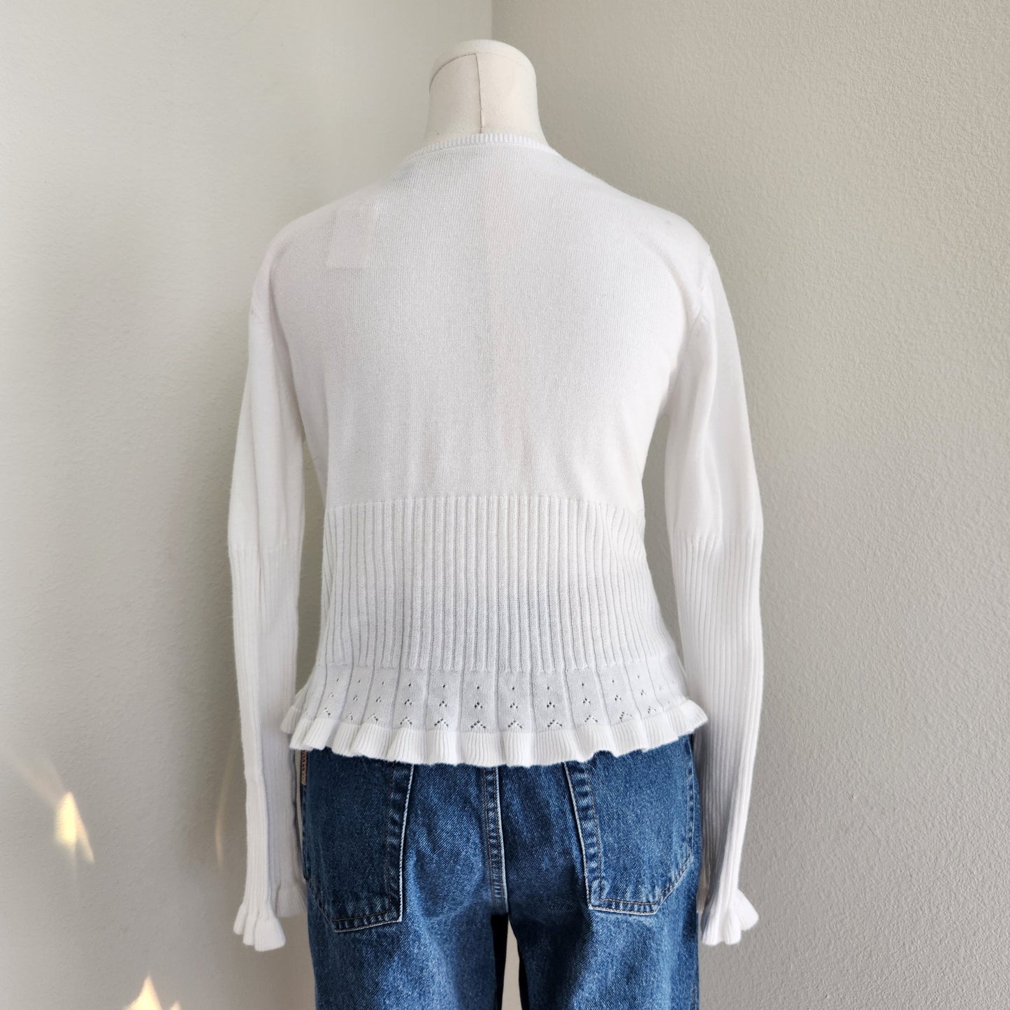 Vintage White Stag White Tie Front Knit Cardigan Long Sleeve Scallop Hem L
