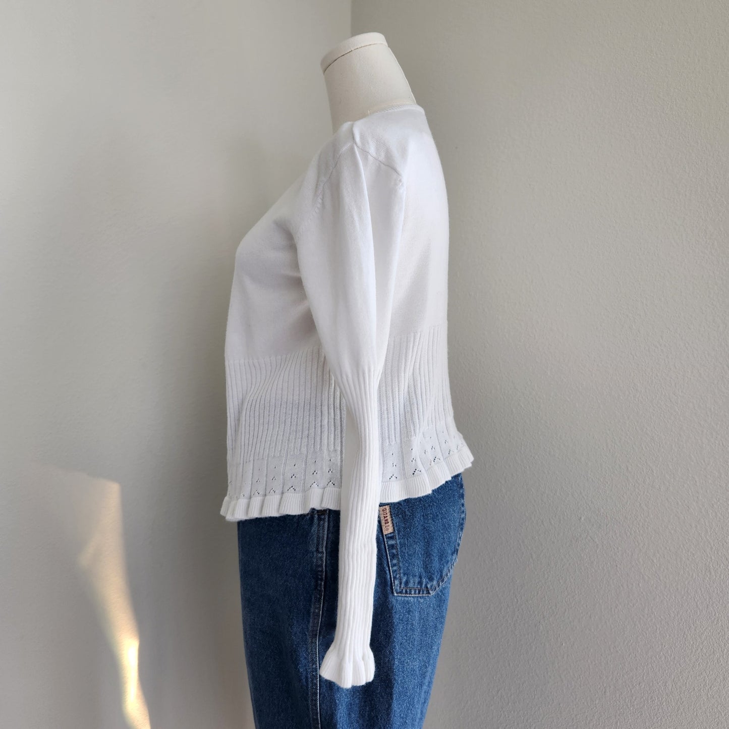 Vintage White Stag White Tie Front Knit Cardigan Long Sleeve Scallop Hem L