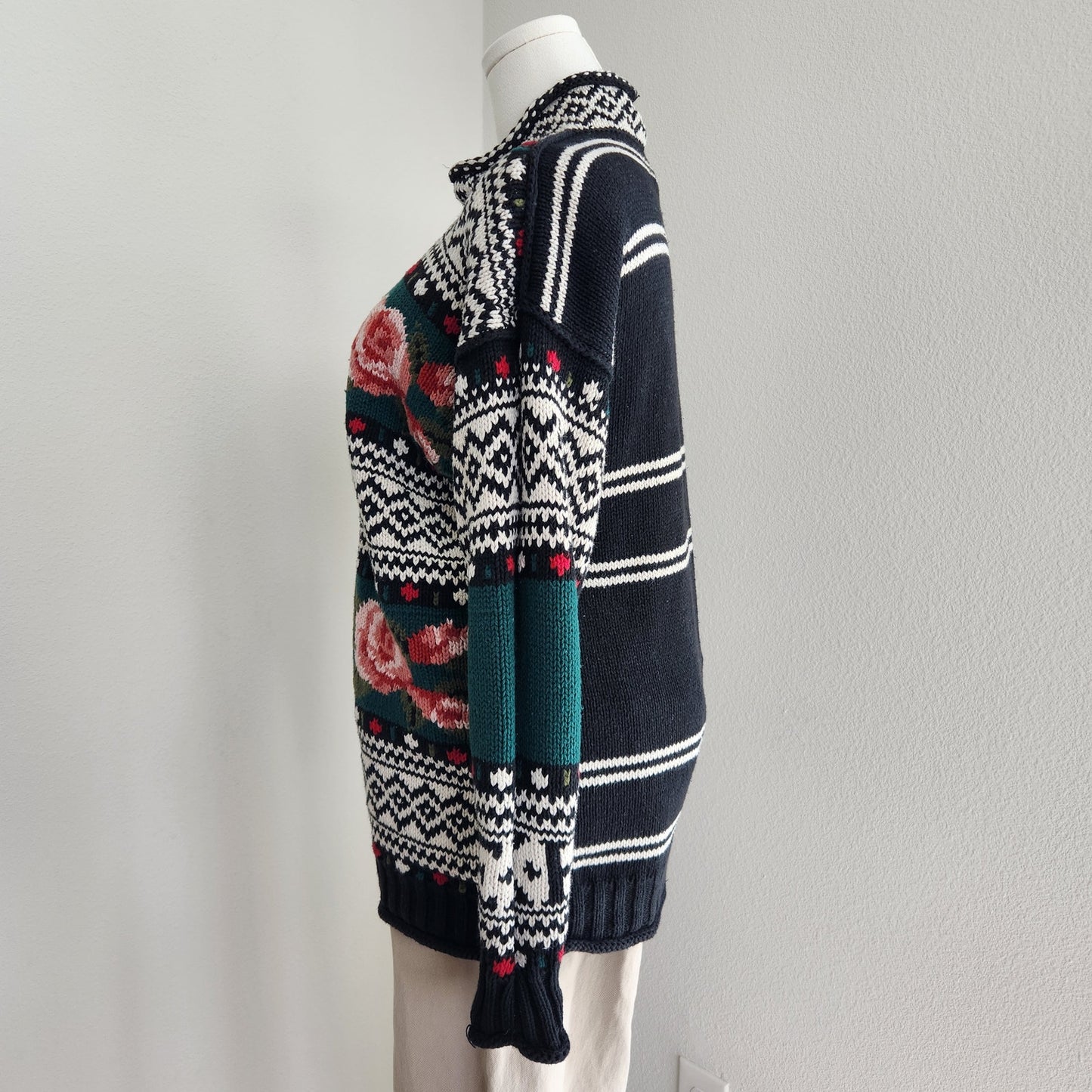 Vintage 90s Express Tricot Knit Sweater Floral Fair Isle Mock Neck M