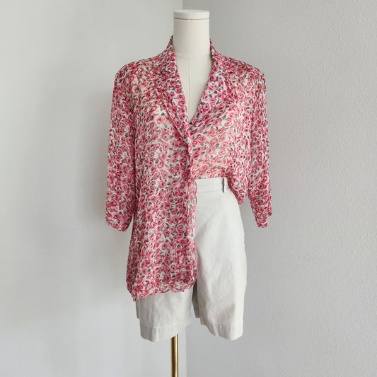 Vintage 80s Masaccio Rose Print Sheer Button Down Blouse Italian Vintage L