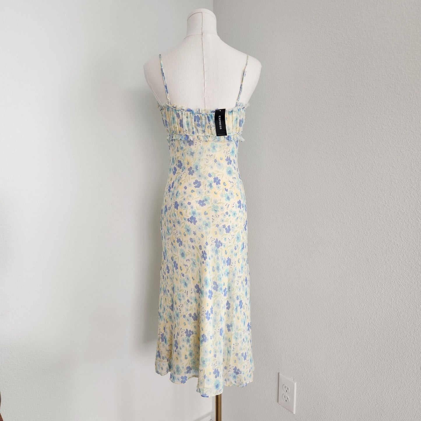 Vintage Express Pastel Blue Yellow Silk Midi Dress XS