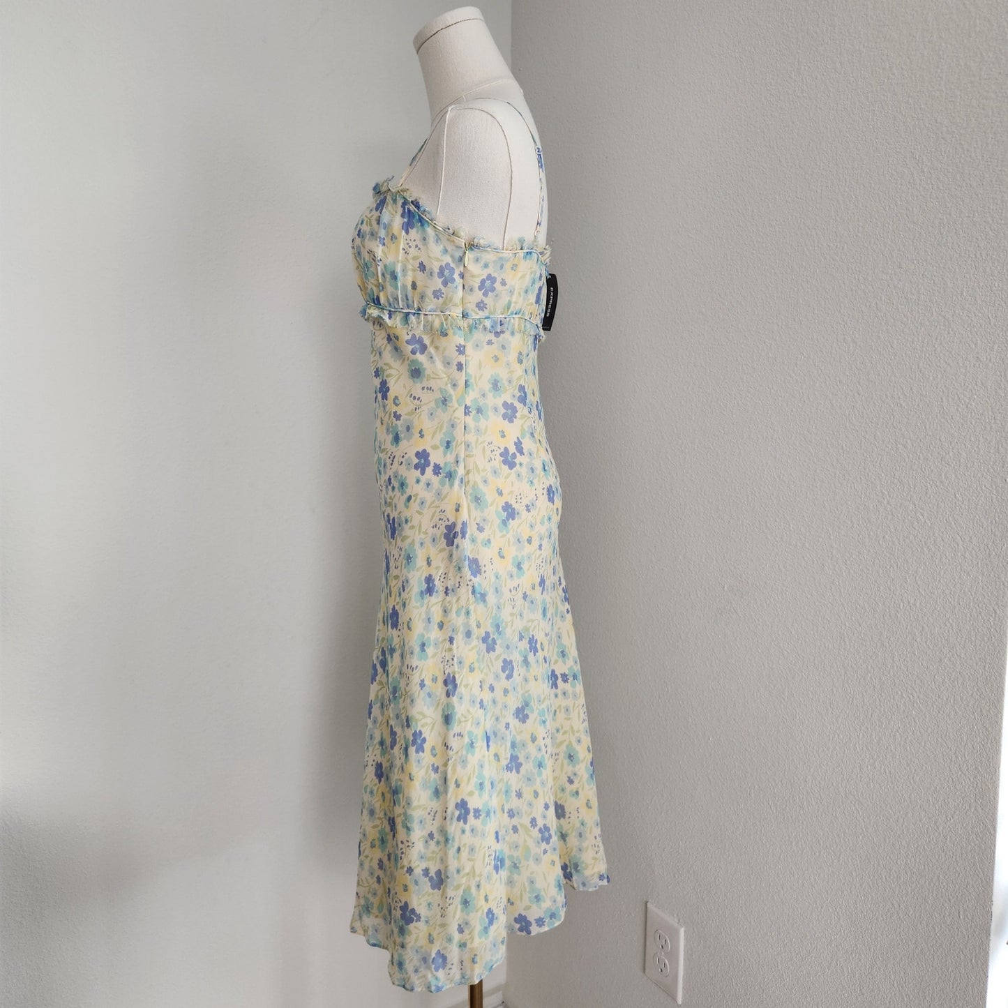 Vintage Express Pastel Blue Yellow Silk Midi Dress XS