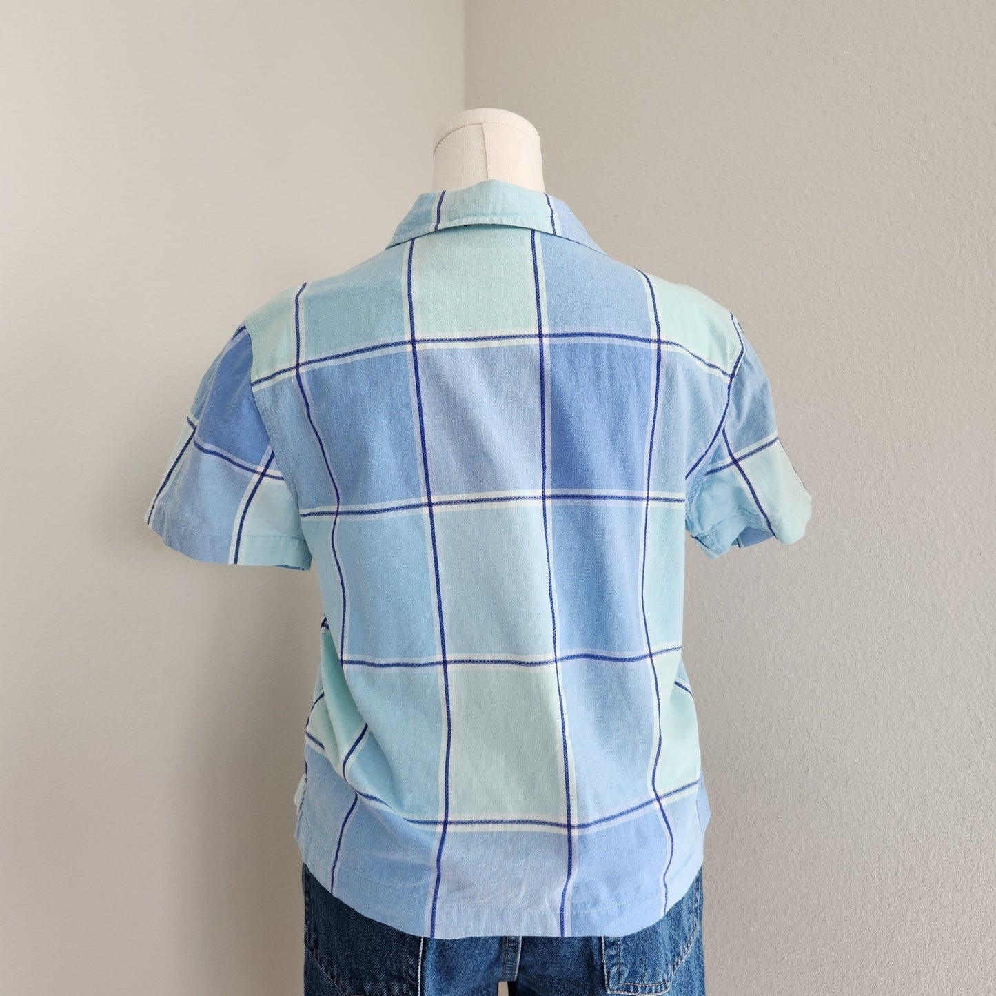 Vintage Y2K Cabin Creek Blue Plaid Button Down Shirt Cropped Short Sleeve PL