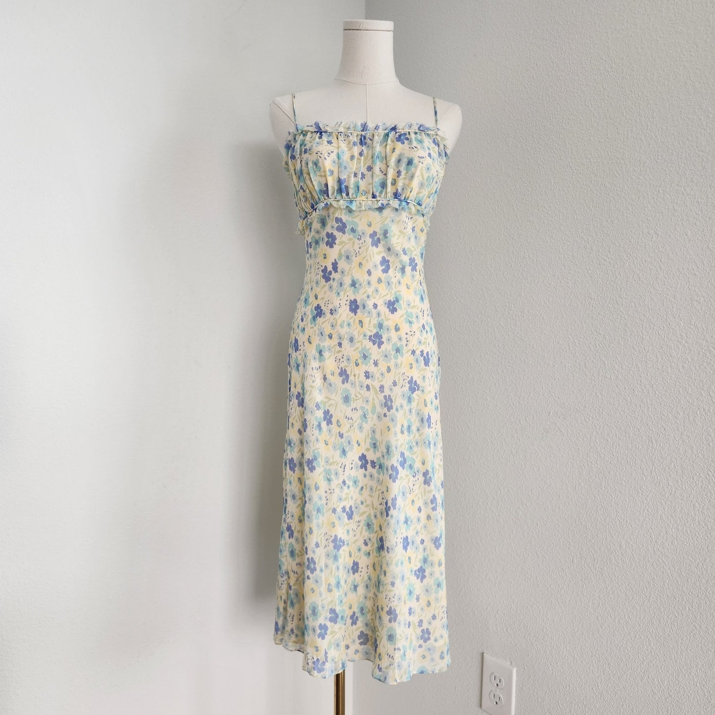 Vintage Express Pastel Blue Yellow Silk Midi Dress XS