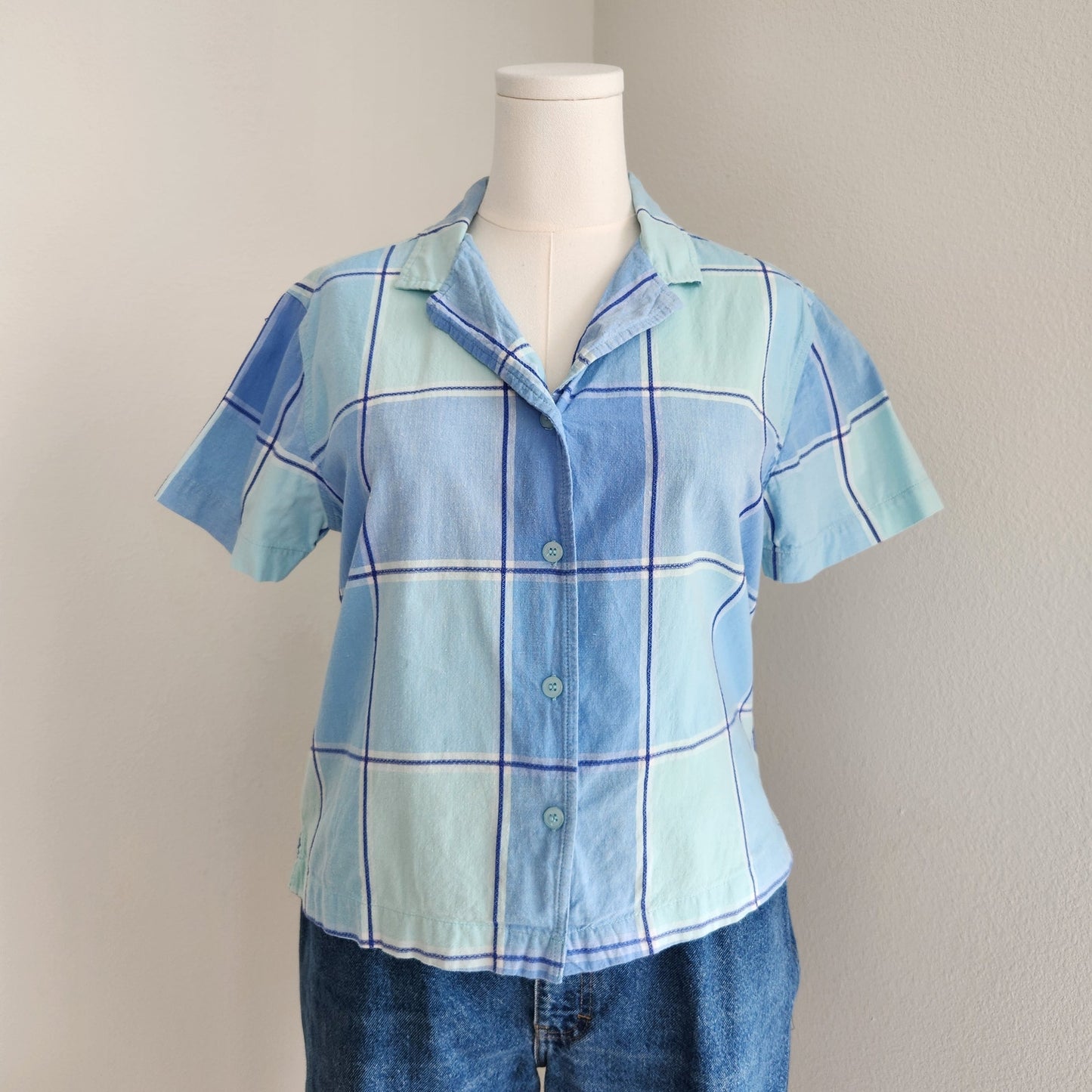 Vintage Y2K Cabin Creek Blue Plaid Button Down Shirt Cropped Short Sleeve PL