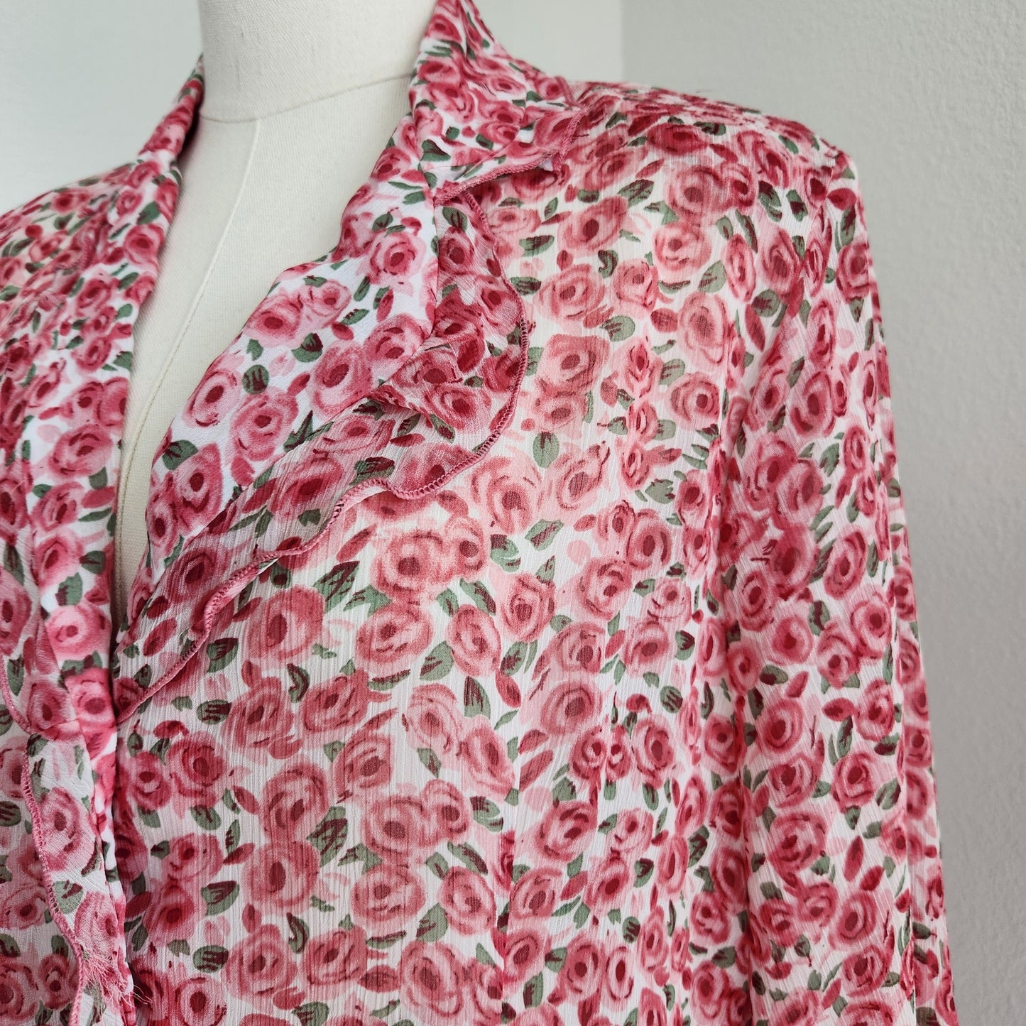 Vintage 80s Masaccio Rose Print Sheer Button Down Blouse Italian Vintage L
