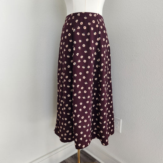 Vintage 90s Kathy Ireland Brown White Floral A-Line Midi Skirt High Rise L