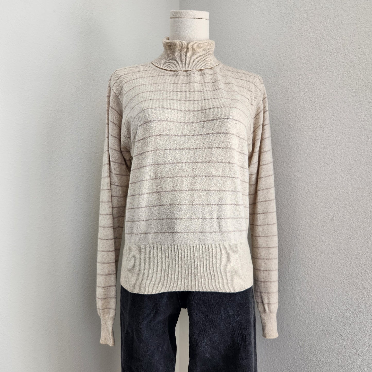 Vintage 90s Jean Pierre Cream Lilac Striped Knit Turtle Neck Sweater Minimal S